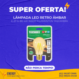 Lâmpada LED retro E-27 4W âmbar G-80 2200K filamento taschibra